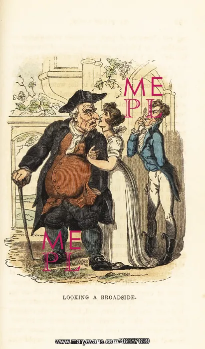 : A corpulent man staring angrily at a fop for looking : A corpulent man staring angrily at a fop for looking