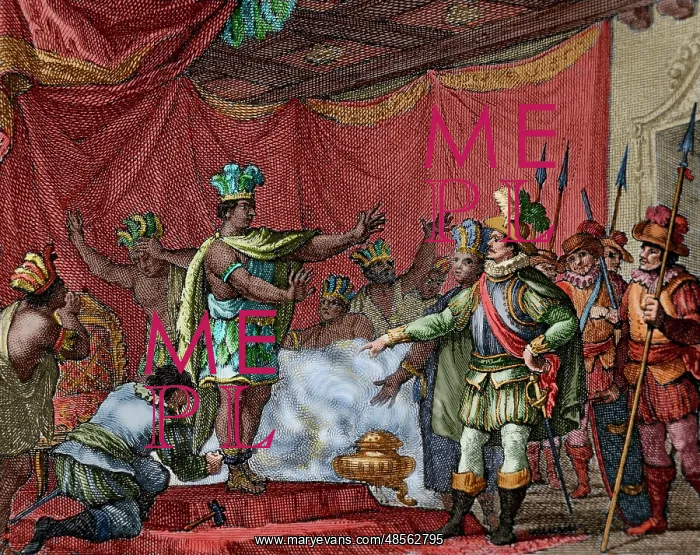 : Cortes took prisoner Moctezuma II. Engraving. Colored : Cortes took prisoner Moctezuma II. Engraving. Colored