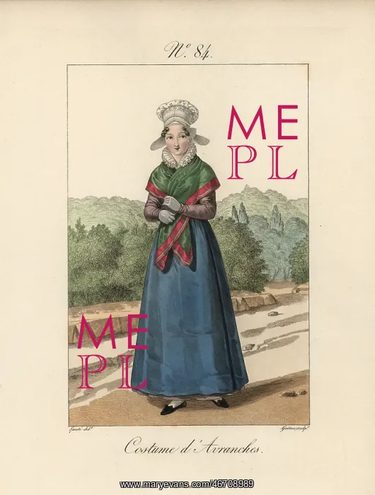 : Costume of Avranches She wears a large bonnet : Costume of Avranches She wears a large bonnet