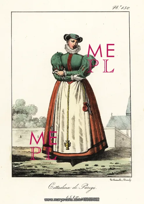 : Costume of a bourgeoise lady of Paris, 1580 : Costume of a bourgeoise lady of Paris, 1580