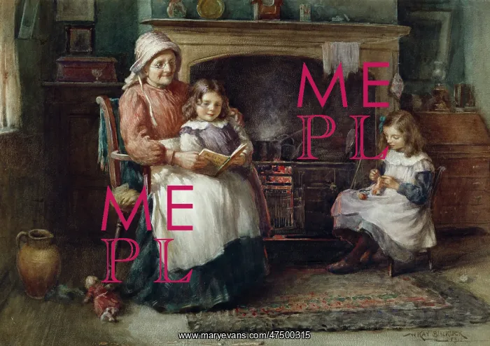 : Cottage Interior ' Granny reading to child : Cottage Interior ' Granny reading to child
