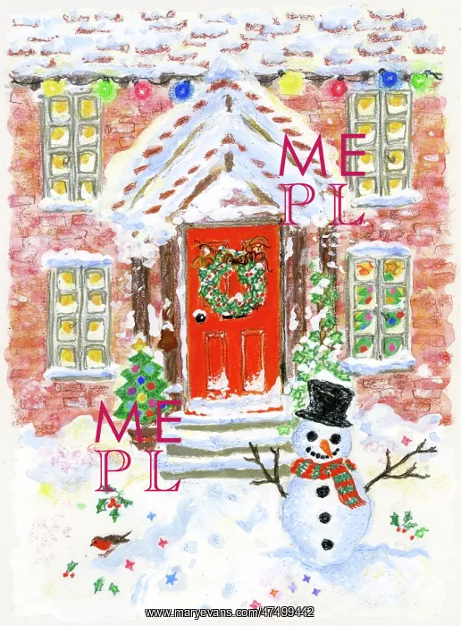 : Cottage in snow with snowman : Cottage in snow with snowman