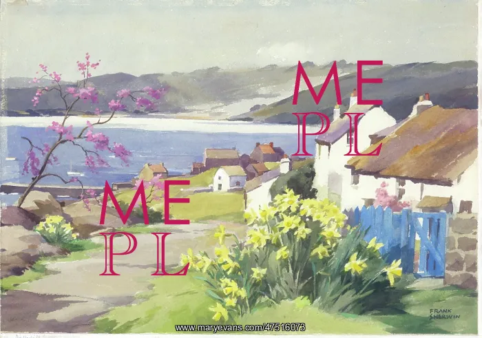 : Cottages by sea, daffodils & tree in blossom : Cottages by sea, daffodils & tree in blossom