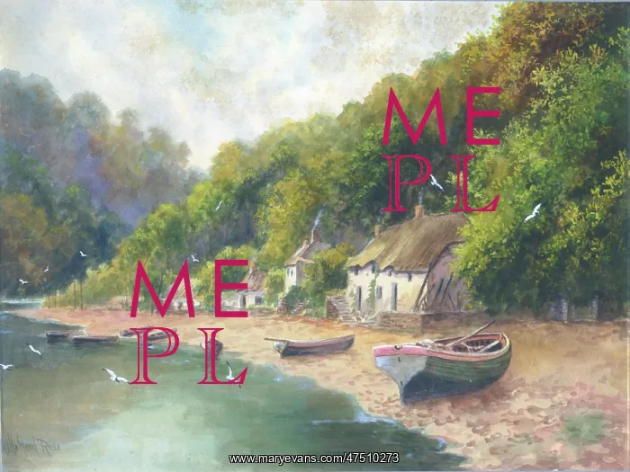 : Cottages by a shore and boats on the beach : Cottages by a shore and boats on the beach
