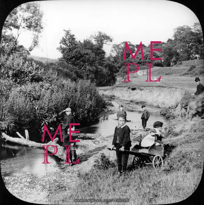 : Country children playing by a stream, c.1895 : Country children playing by a stream, c.1895