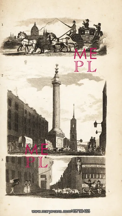 : Countrymen on a stage coach, the Monument and Pie Corner : Countrymen on a stage coach, the Monument and Pie Corner