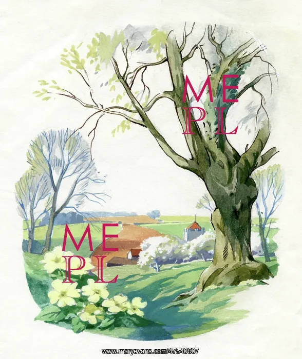 : Countryside with tree and primroses : Countryside with tree and primroses