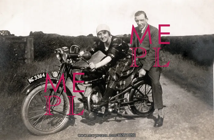: Couple on their 1919 Rudge motorcycle : Couple on their 1919 Rudge motorcycle