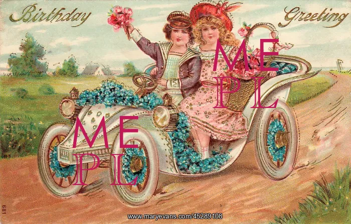 : Couple in a car on a birthday postcard : Couple in a car on a birthday postcard