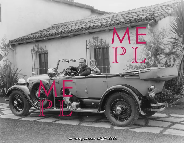 : Couple in car with dog : Couple in car with dog