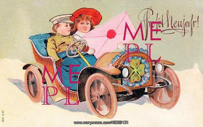  : Couple in a car on a German New Year postcard