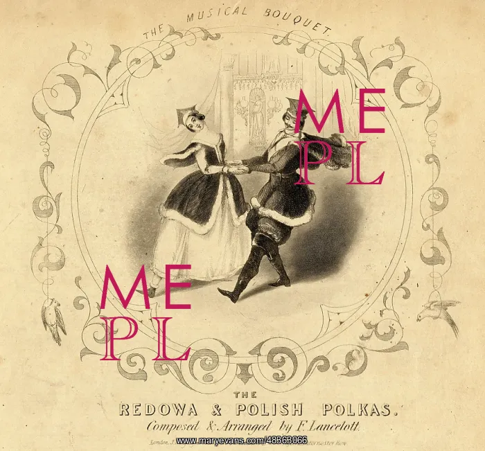 : Couple dancing the polka on a music sheet : Couple dancing the polka on a music sheet
