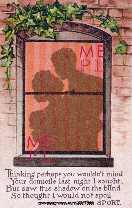  : Couple outlined in a window on a comic postcard