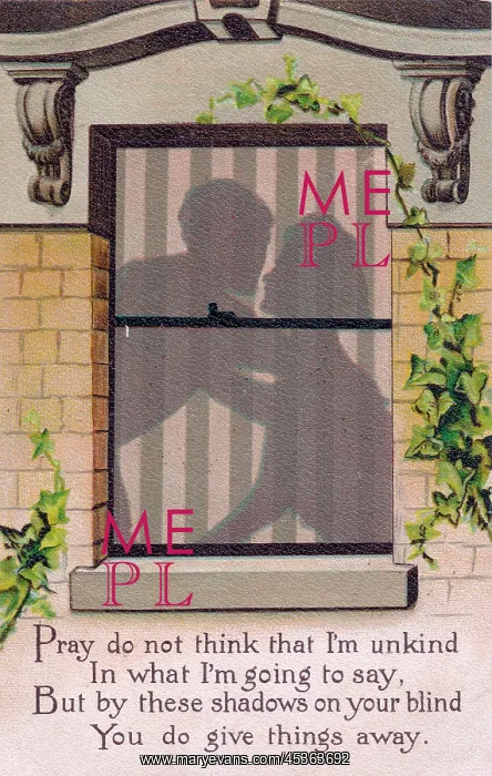  : Couple outlined in a window on a comic postcard