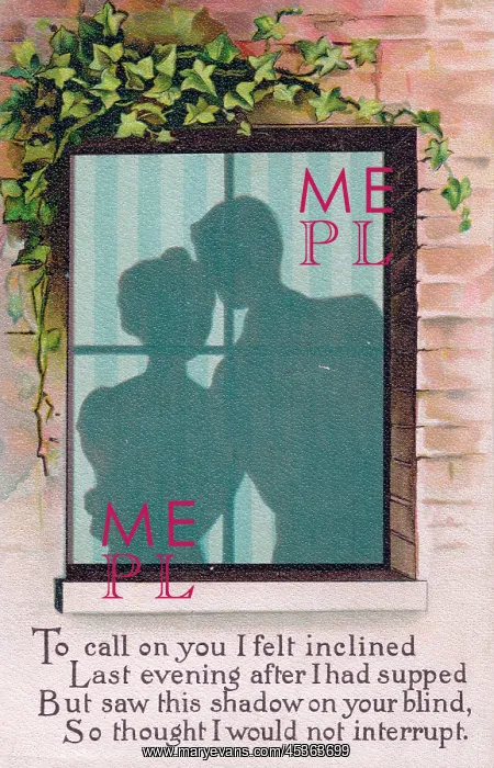  : Couple outlined in a window on a comic postcard