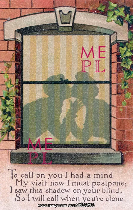 : Couple outlined in a window on a comic postcard