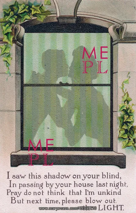  : Couple outlined in a window on a comic postcard