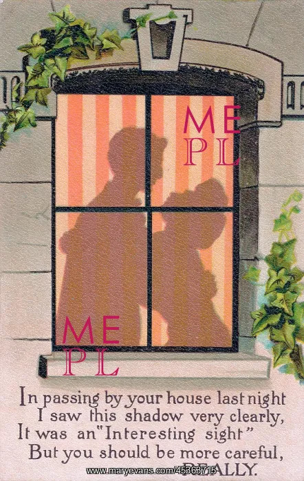  : Couple outlined in a window on a comic postcard