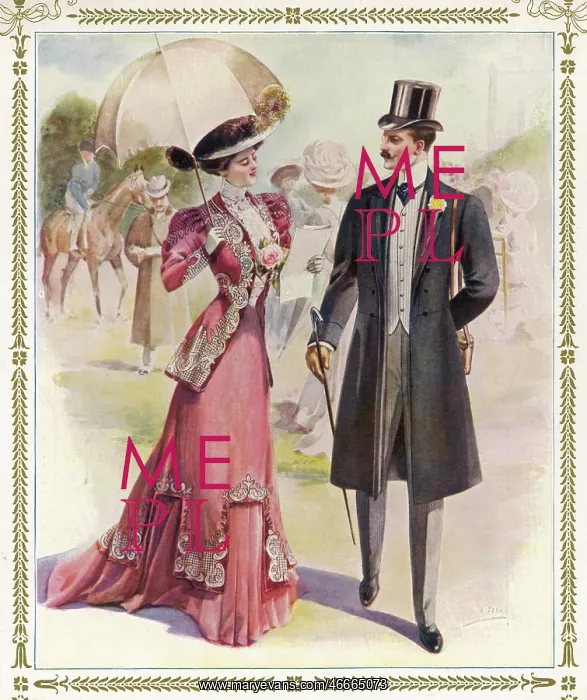 : Couple at the races in a costume brochure : Couple at the races in a costume brochure