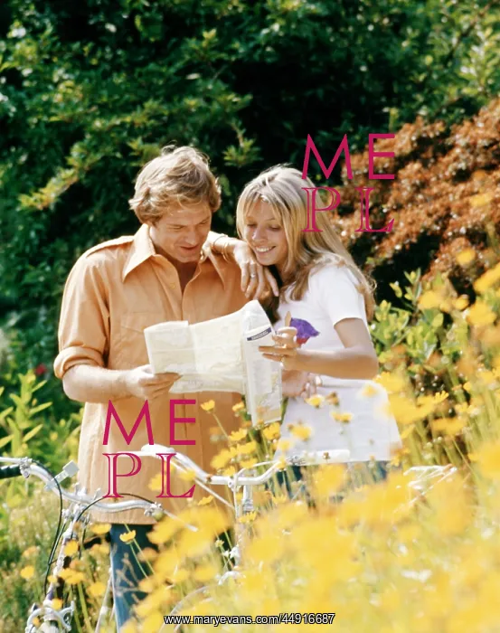 : Couple Reading Map Beside Bikes in Field Yellow Flowers : Couple Reading Map Beside Bikes in Field Yellow Flowers