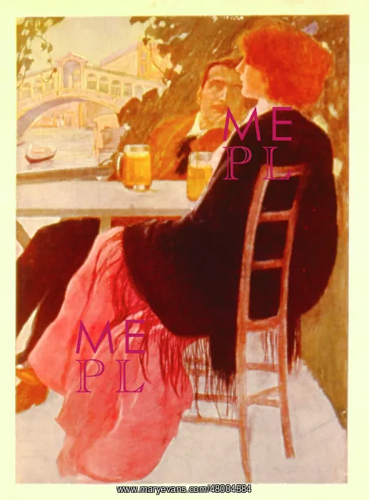 : Couple at a table with glasses of beer, Venice : Couple at a table with glasses of beer, Venice