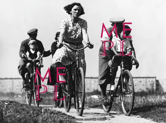 : Two couples with children on bicycles, 1930s : Two couples with children on bicycles, 1930s