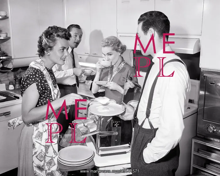 : Two Couples in Kitchen Having Coffee Serving Ham : Two Couples in Kitchen Having Coffee Serving Ham