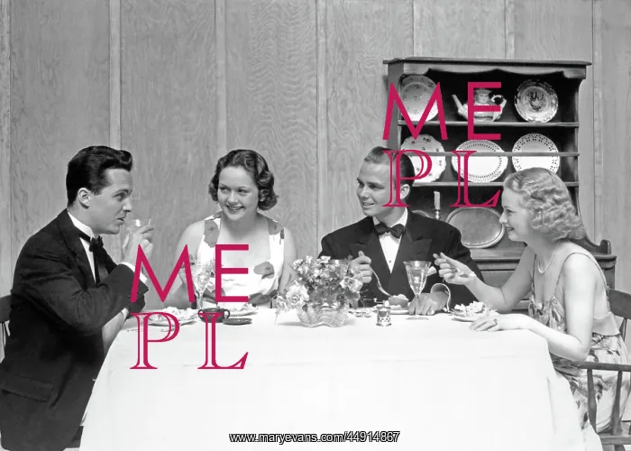 : Two Couples Four Men and Women Seated at Dining Table W : Two Couples Four Men and Women Seated at Dining Table W