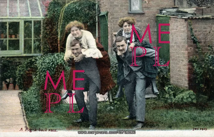  : Two Couples have a piggy-back race in the back garden