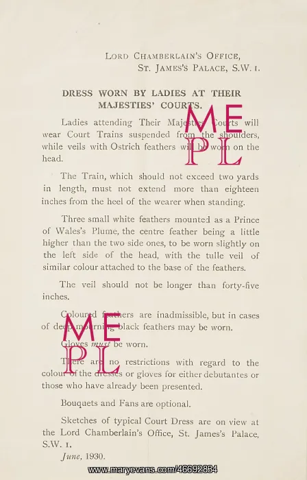 : Court dress instructions, 1930 : Court dress instructions, 1930