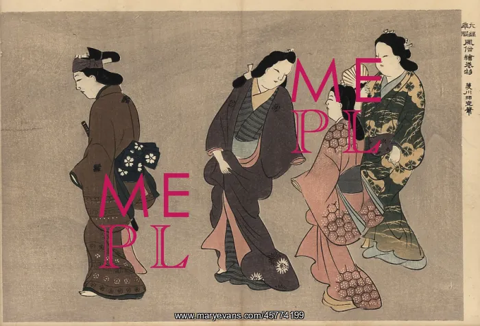 : Three courtesans in kimono following a customer : Three courtesans in kimono following a customer