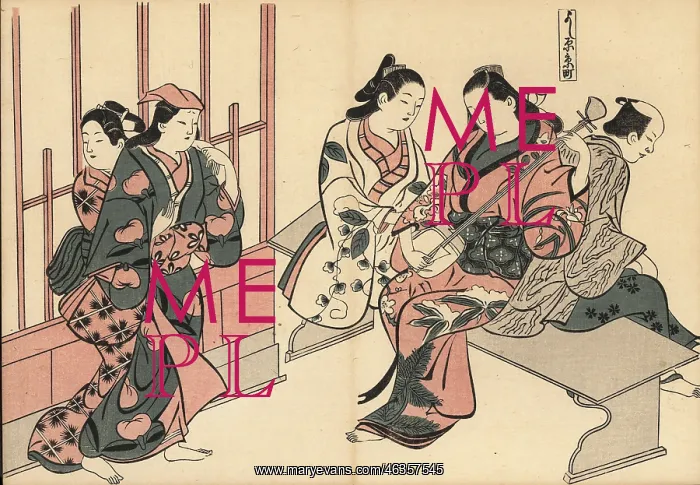 : Courtesans playing shamisen and dancing in : Courtesans playing shamisen and dancing in