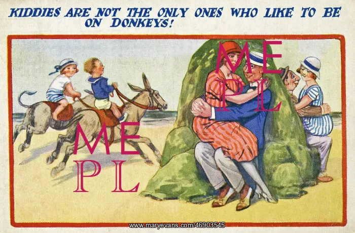 : Courting couples at the seaside on a comic postcard : Courting couples at the seaside on a comic postcard