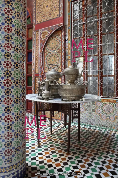 : Courtyard with tea set, riad, Tetouan, Morocco : Courtyard with tea set, riad, Tetouan, Morocco
