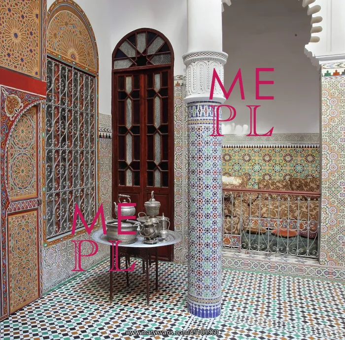 : Courtyard with tea set, riad, Tetouan, Morocco : Courtyard with tea set, riad, Tetouan, Morocco