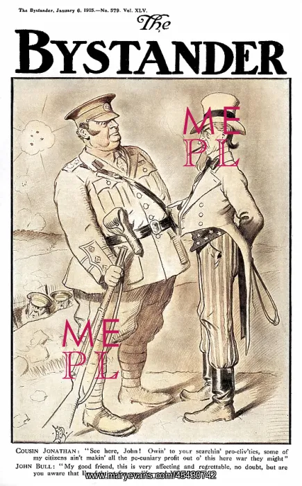 : Front cover of The Bystander, 1915: US war profiteering : Front cover of The Bystander, 1915: US war profiteering