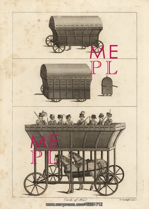 : Covered carts of war with musketeers inside : Covered carts of war with musketeers inside