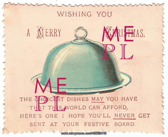 : Covered dish with comic verse on a Christmas card : Covered dish with comic verse on a Christmas card