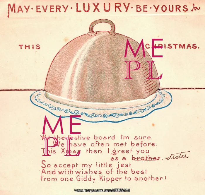 : Covered dish with comic verse on a Christmas card : Covered dish with comic verse on a Christmas card