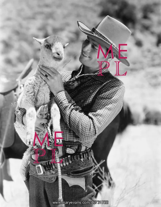 : Cowboy carrying a lamb and smiling : Cowboy carrying a lamb and smiling