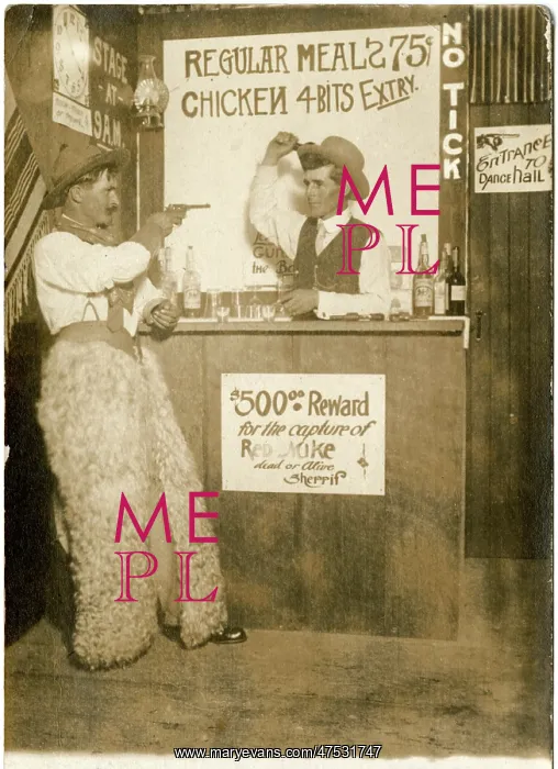 : Cowboy holding up a bartender in a bar : Cowboy holding up a bartender in a bar