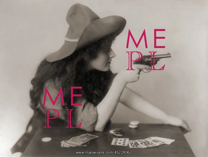: Cowgirl with deck of cards and chips, pointing ? : Cowgirl with deck of cards and chips, pointing ?