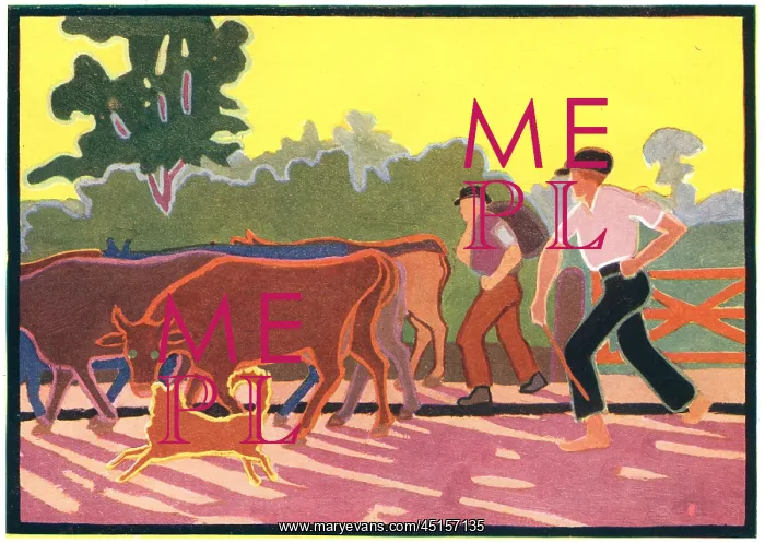 : Cowherds. A painting, in poster style, of a pair of farmers : Cowherds. A painting, in poster style, of a pair of farmers