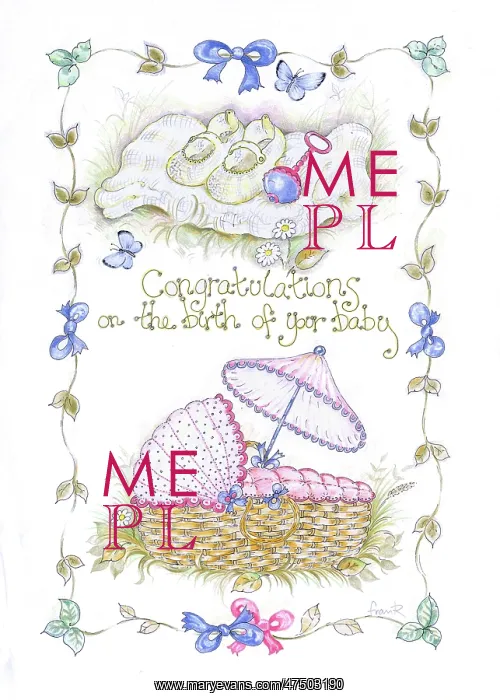 : Cradle, rattle and border of leaves and ribbons : Cradle, rattle and border of leaves and ribbons
