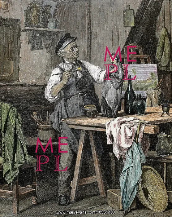  : Craftsman in his workshop. Colored engraving of 1852