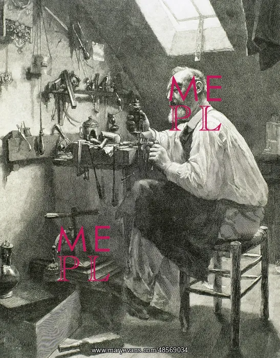 : Craftsman in his workshop. Engraving. 19th century : Craftsman in his workshop. Engraving. 19th century