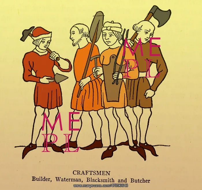 : Craftsmen. A drawing of a builder, waterman, blacksmith and butcher : Craftsmen. A drawing of a builder, waterman, blacksmith and butcher