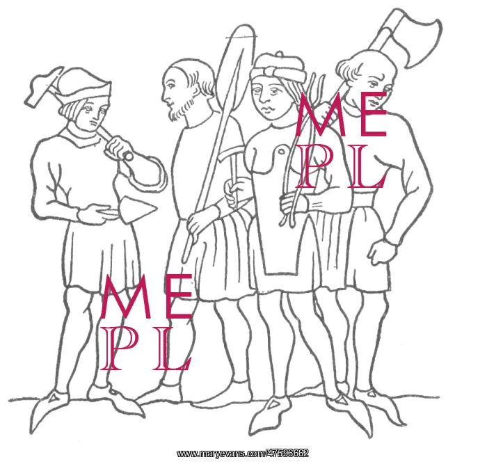 : Craftsmen. A drawing of a builder, waterman, blacksmith and butcher : Craftsmen. A drawing of a builder, waterman, blacksmith and butcher