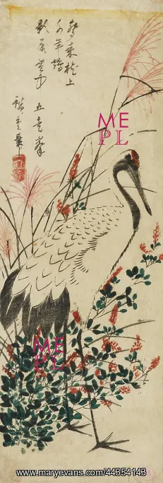 : Crane among sprays of red-flowering shrub : Crane among sprays of red-flowering shrub