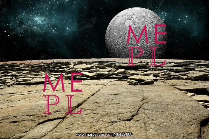 : A cratered moon rises over a rocky and barren alien world : A cratered moon rises over a rocky and barren alien world